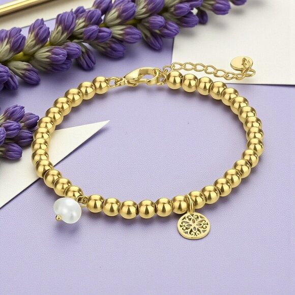 Boho Chic Mandala Pearl Charm Bracelet 18K Gold Plated 316L Stainless Steel - Picture 12 of 12